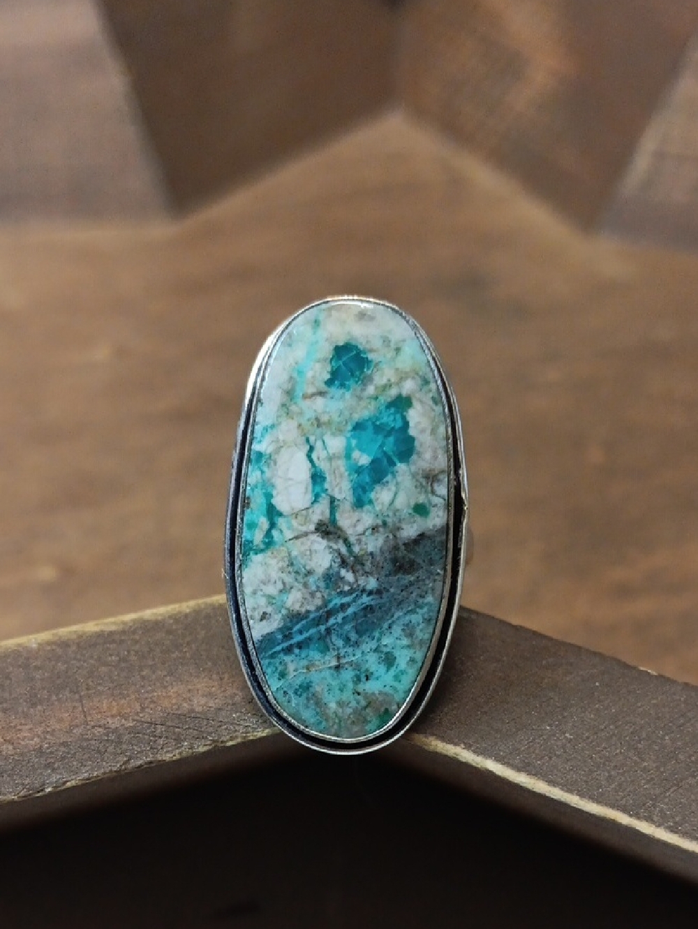 Chrysacolla Stone Oval Silver Ring - Blue Green Gemstone